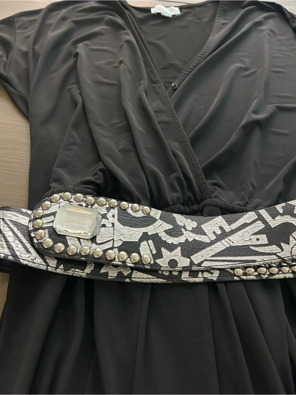 Veronica M Black Jumpsuit with Studded Silver-Patterned Belt